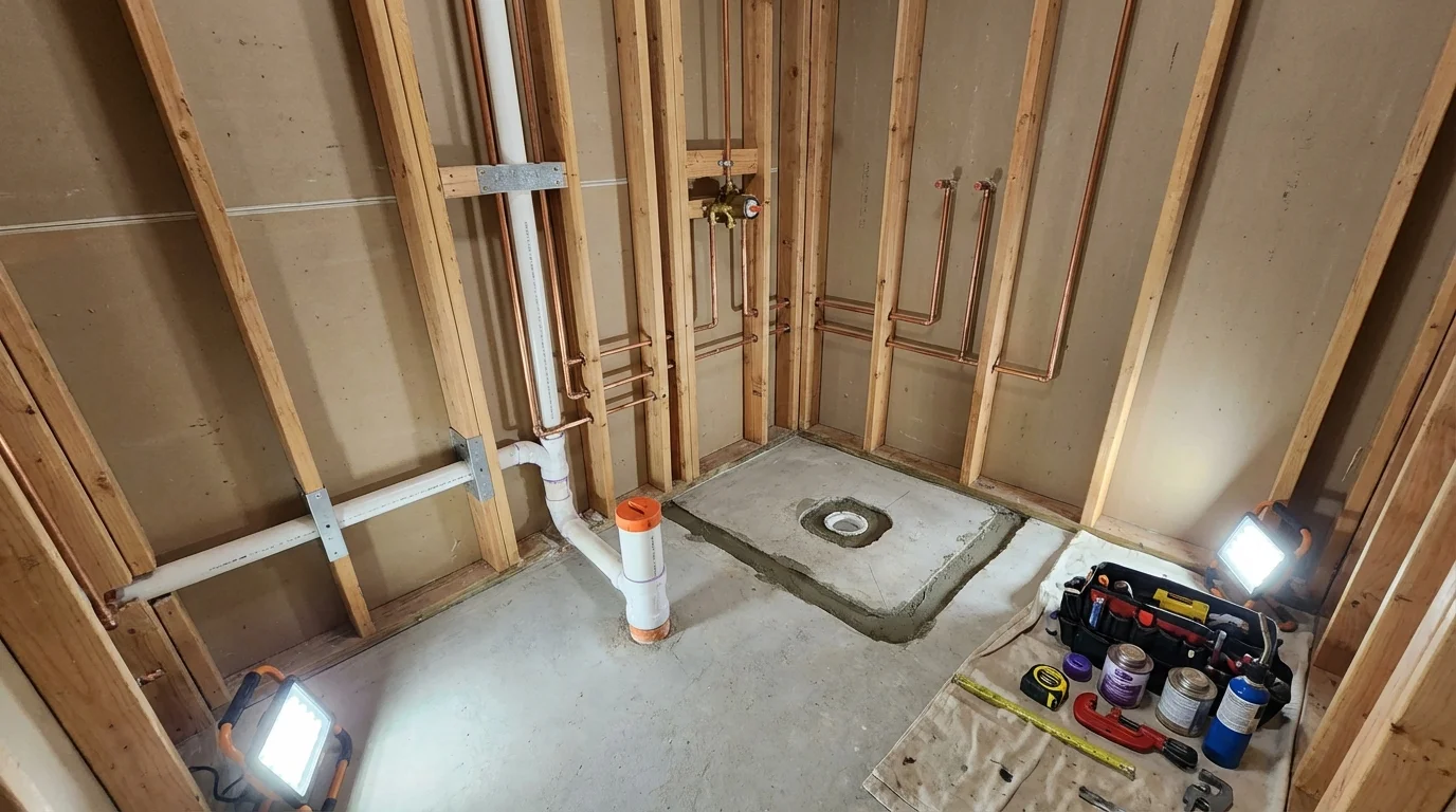 Bathroom rough-in plumbing during remodel by Johns Plumbing LLC in East Moriches