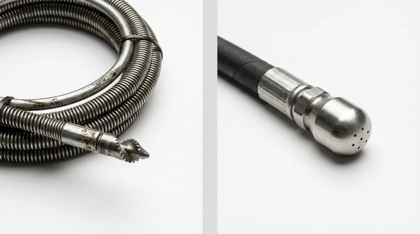 Drain snake cable and hydro jetting nozzle used for drain cleaning in East Moriches, NY