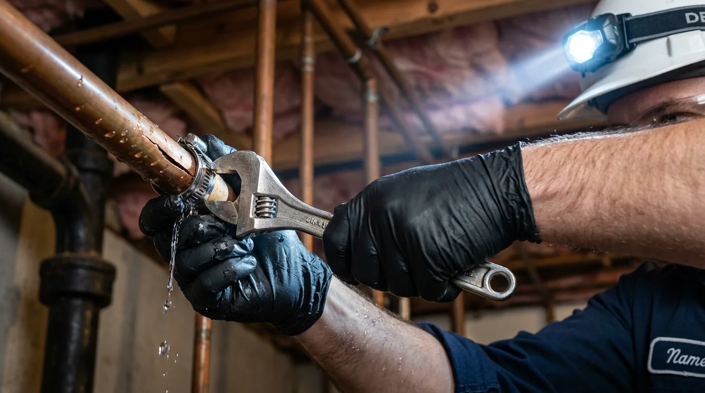 Emergency pipe clamp repair being performed by a Johns Plumbing LLC plumber in East Moriches
