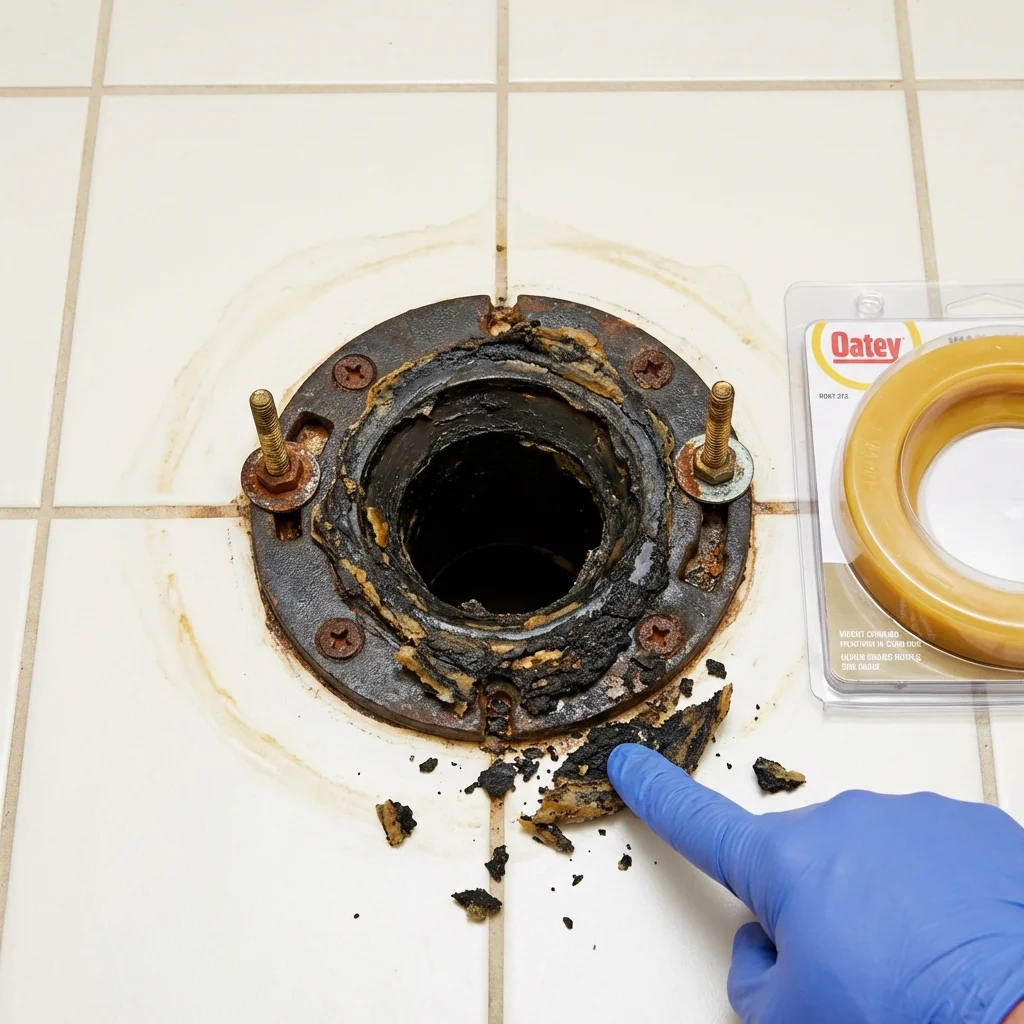 Failed wax ring showing water seepage at the base of a toilet in a East Moriches, NY home