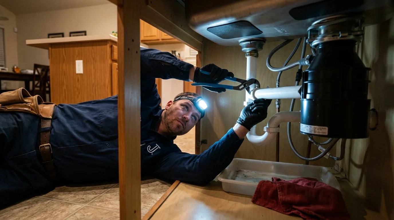 P-trap and supply line connections under a kitchen sink showing a common leak point in East Moriches, NY